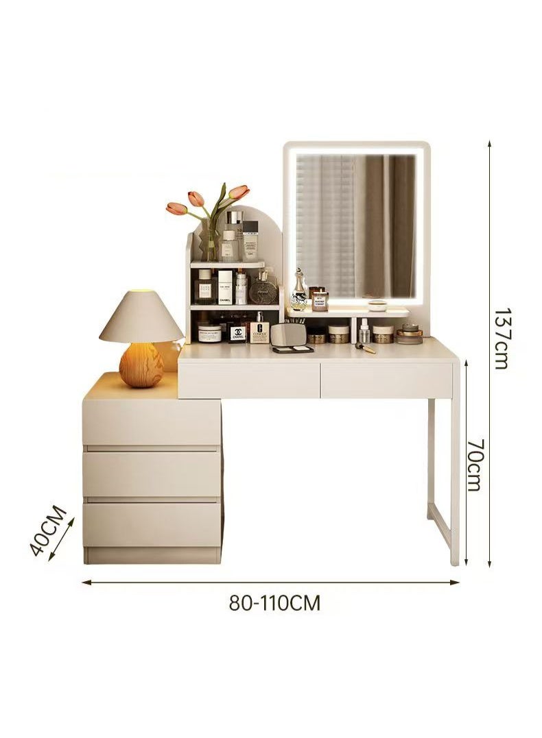 CityRiya-Long Makeup Vanity Table, Bedroom Dressing Table with LED Mirror, Vanity Desk with Drawers, 110cm Makeup Tables with Storage Shelf, Large Bedroom Dresser Bedside Tables for Women Girls (White) - Image 4