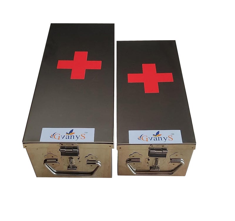GvanyS Stainless Steel Rectangular Empty Medicines StorageFirst Aid Box For all use Set of 2 pic Silver color 1st 12 inch 2nd10 inch - Image 1