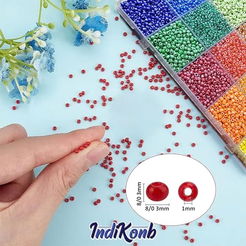 INDIKONB 15 Multicolor Shiny Opaque Luster Glass Seed Beads Kit with Nylon Thread | 3mm Small Beads for Jewellery Making, Beading, Embroidery, Art & Craft (Size 8/0) - Image 2