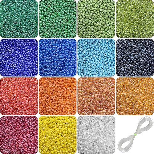 INDIKONB 15 Multicolor Shiny Opaque Luster Glass Seed Beads Kit with Nylon Thread | 3mm Small Beads for Jewellery Making, Beading, Embroidery, Art & Craft (Size 8/0) - Image 1