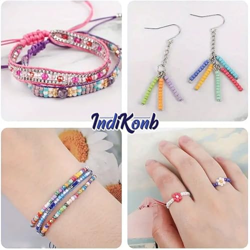 INDIKONB 15 Multicolor Shiny Opaque Luster Glass Seed Beads Kit with Nylon Thread | 3mm Small Beads for Jewellery Making, Beading, Embroidery, Art & Craft (Size 8/0) - Image 4