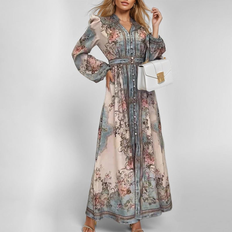 2026 Autumn Women's Vintage V-Neck Long Sleeve Floral Print A-Line Dress - Image 1