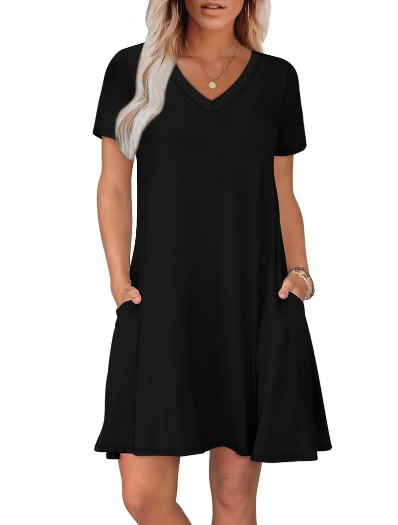 WIHOLL Black Dress Casual Summer Tshirt Dresses Plus Size Spring Clothes for Women with Pockets 2025 2026 Ladies V Neck Short Sleeve Loose Fit Sundress Daily Wear Beach Vacation Travel Work Oufits 3XL - Image 2