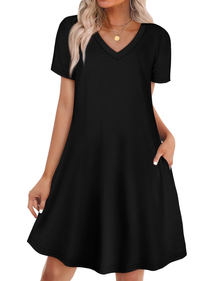WIHOLL Black Dress Casual Summer Tshirt Dresses Plus Size Spring Clothes for Women with Pockets 2025 2026 Ladies V Neck Short Sleeve Loose Fit Sundress Daily Wear Beach Vacation Travel Work Oufits 3XL - Image 1