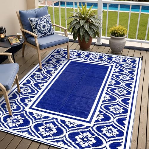 HUGEAR Plastic Outdoor Rug 6x9 Waterproof Camping Carpet Outside Area Rug Reversible Light Blue Rugs for RV Deck Entryance Porch Picnic Balcony Beach - Image 1