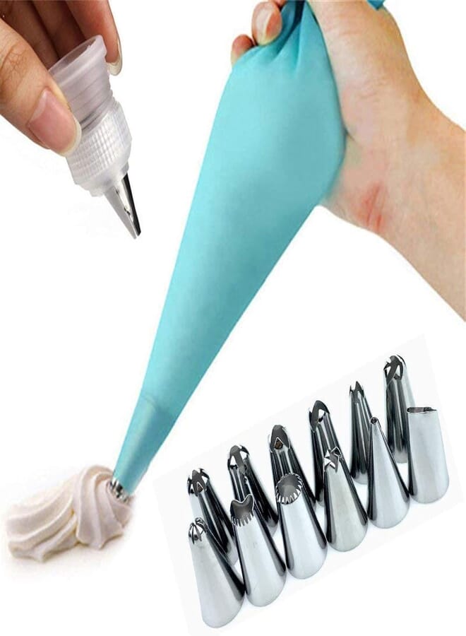Silicone Piping Bags and Nozzle,Silicone Icing Piping Cream Pastry Bag and 14 Pcs Piping Nozzle Set for Cake Decorating