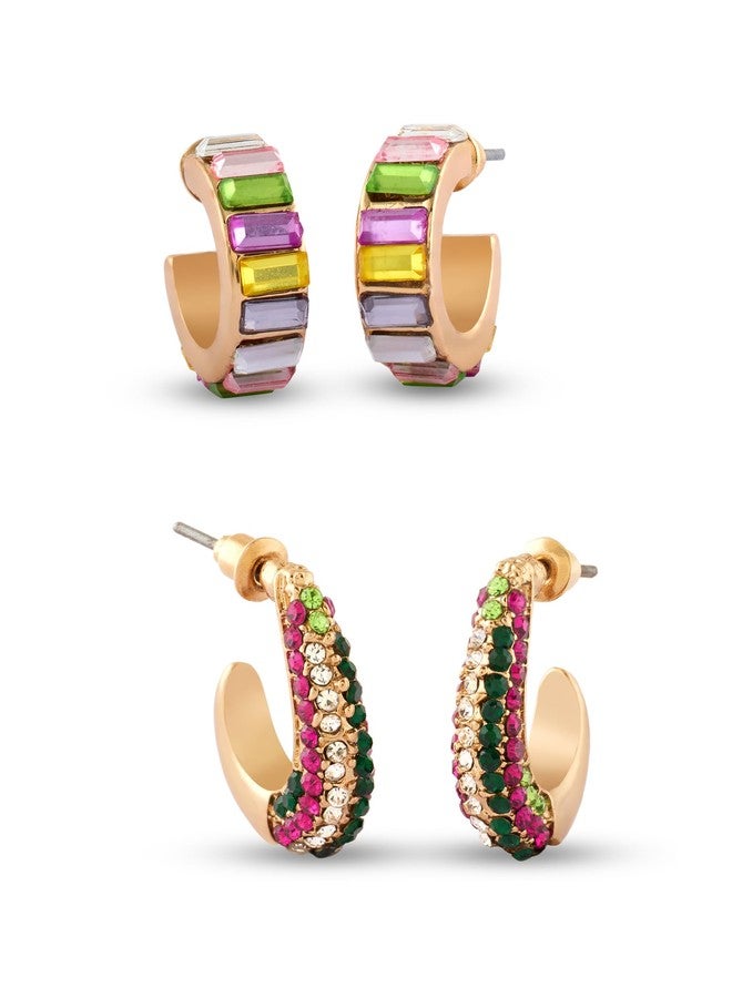 Zaveri Pearls طقم أقراط زافيري بيرلز مكون من قطعتين، مرصعة بأحجار متعددة الألوان، بتصميم عصري لامع، نصف دائرية، للنساء - ZPFK17955 - Image 1