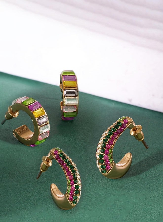 Zaveri Pearls طقم أقراط زافيري بيرلز مكون من قطعتين، مرصعة بأحجار متعددة الألوان، بتصميم عصري لامع، نصف دائرية، للنساء - ZPFK17955 - Image 2