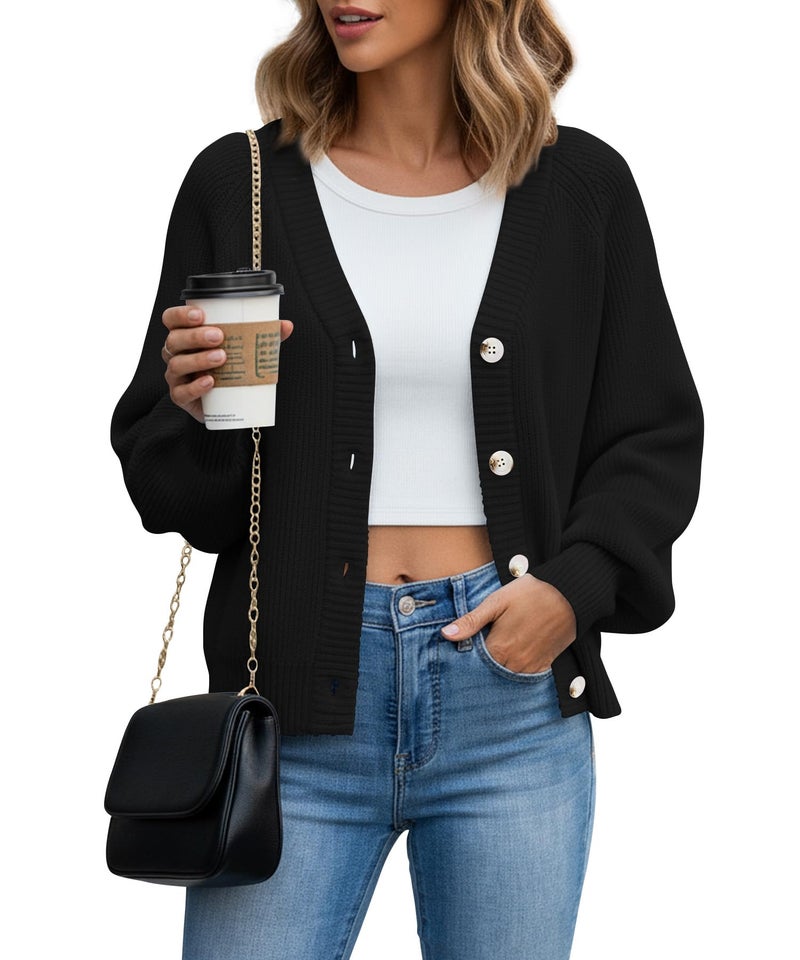 KUOTAI Women's Chunky Knit Open Front Sweaters Long Sleeve Button Loose Short Cardigan Outerwear Coats, Black, Large - Image 1