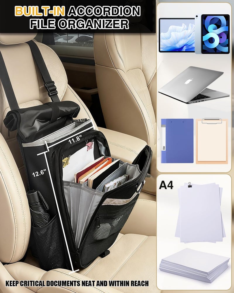 Drsvabze Car Front Seat Organizer with Accordion File Pocket | Laptop Sleeve (Up to 15.6 In) | Privacy Flap | Cup Holders | Adjustable Straps | Holds Tablets, Files, Supplies | for Work on the GO - Image 3