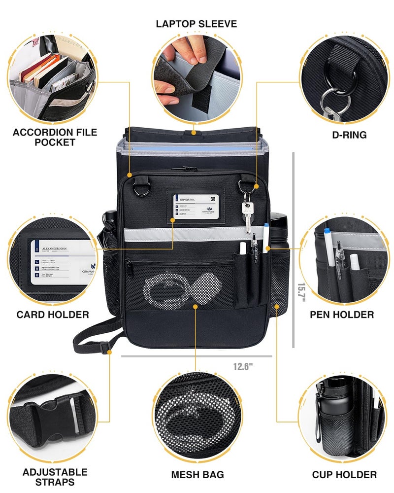 Drsvabze Car Front Seat Organizer with Accordion File Pocket | Laptop Sleeve (Up to 15.6 In) | Privacy Flap | Cup Holders | Adjustable Straps | Holds Tablets, Files, Supplies | for Work on the GO - Image 2