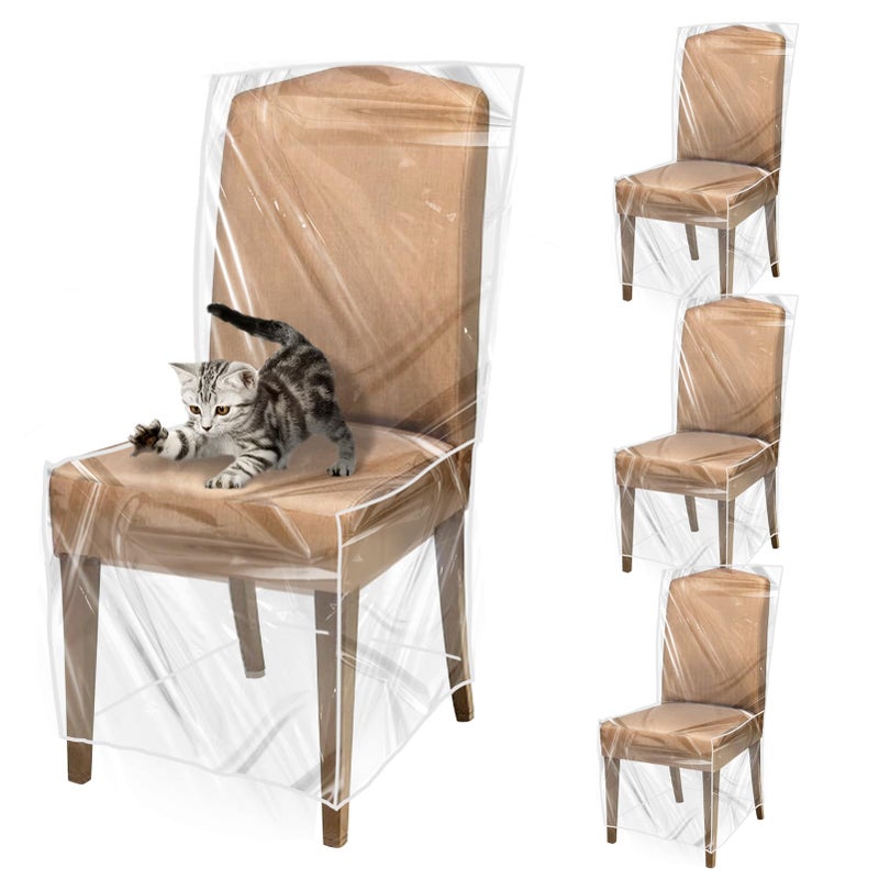 PAMASE 4 Pack Plastic Dining Chair Protectors with Backrests  Waterproof Thickened PVC Seat Covers Removable Washable Slipcover Keeping Chair Away from Water Dust Pet Hair Paws Claws