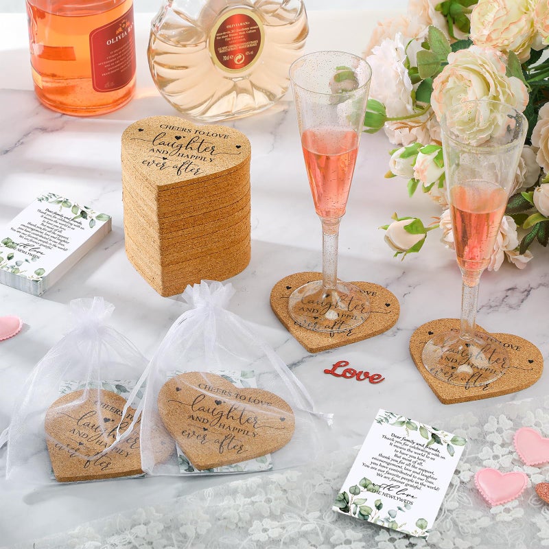 Uiifan 50 Set Wedding Favors for Guest Coaster Gifts Bulk Heart Shaped Coasters Thank You Cards Organza Bags Guest Souvenirs for Wedding Party Bridal Favors - Image 5
