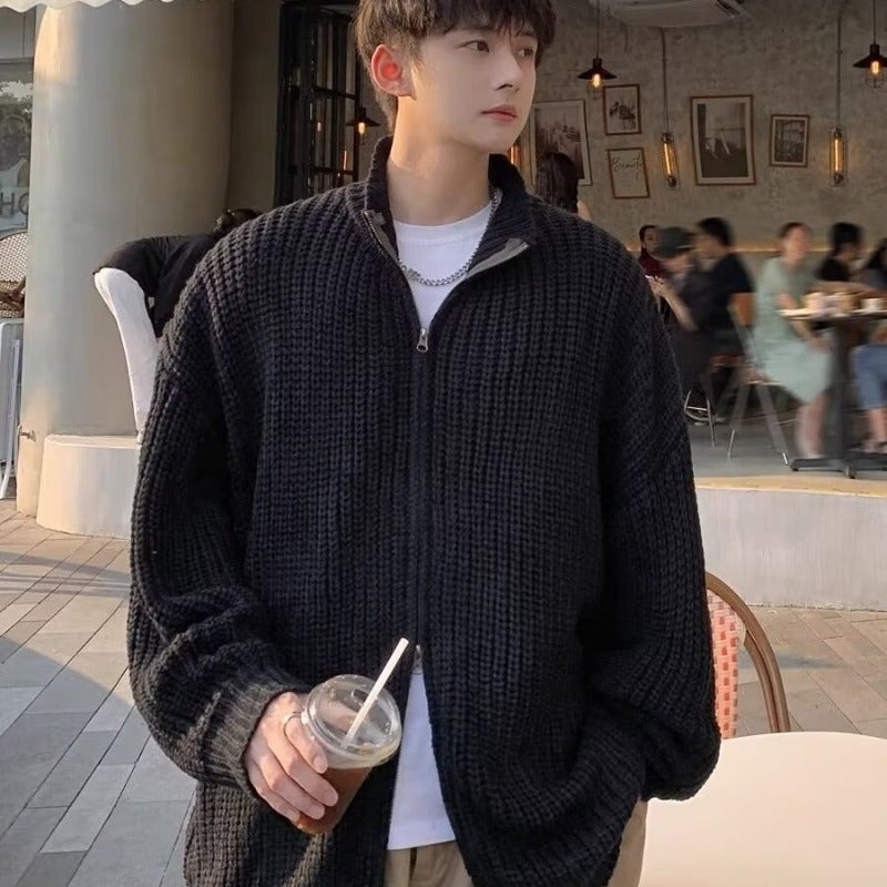 Dark green knitted cardigan coat autumn and winter ruoshuai casual loose high-grade double zipper stand collar sweater all-matching Black 
