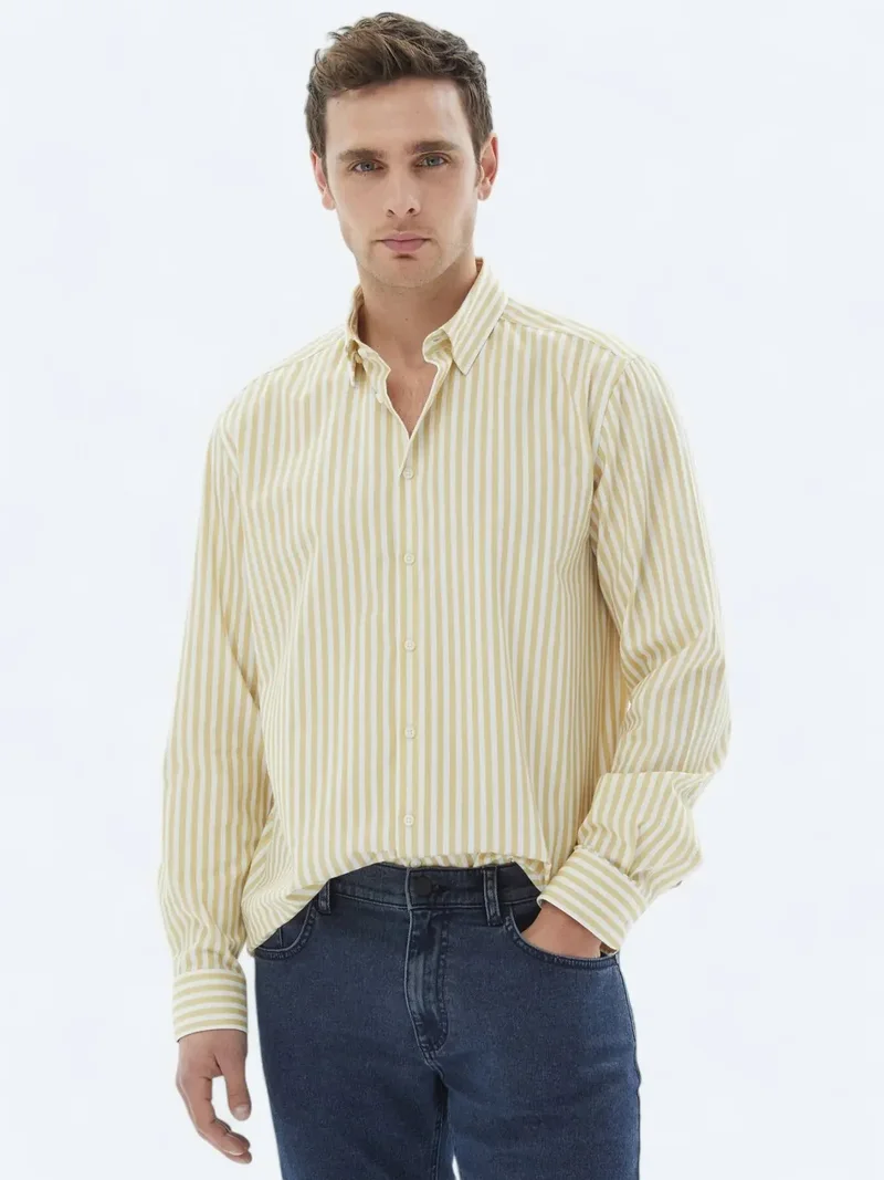 Kip Yellow Striped Regular Fit Weaving Casual 100% Cotton Shirt