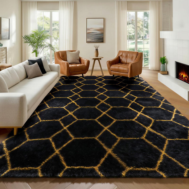 ONASAR 6x9 Area Rugs for Living Room Bedroom, Large Fluffy Black and Gold Throw Rug, Geometric Soft Plush Shaggy Fuzzy Floor Carpet for Nursery Kids Girls Boys Teen Dorm Home Office Decor - Image 1