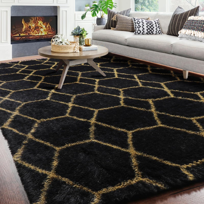 ONASAR 6x9 Area Rugs for Living Room Bedroom, Large Fluffy Black and Gold Throw Rug, Geometric Soft Plush Shaggy Fuzzy Floor Carpet for Nursery Kids Girls Boys Teen Dorm Home Office Decor - Image 2