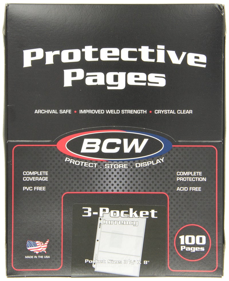 BCW Pro 3-Pocket Currency Page - 100 ct | Archival Quality, Toploader Pockets, High-Clarity Polypropylene | Ideal for 3½"x8 Bills | Numismatic Collection Storage and Display | Clear Money Sleeves - Image 1