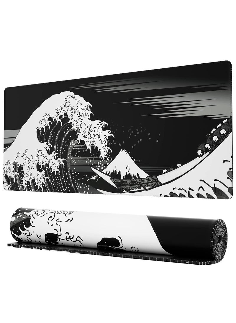 Milatech - Milatech Extended Gaming Computer Mouse Pad, Large Black Mouse Pad for Desk, Cute Anime Japanese Great Wave Desk Pad for Keyboard and Mouse, Black, 31.5 x 11.8 x 0.12 inches - Image 1