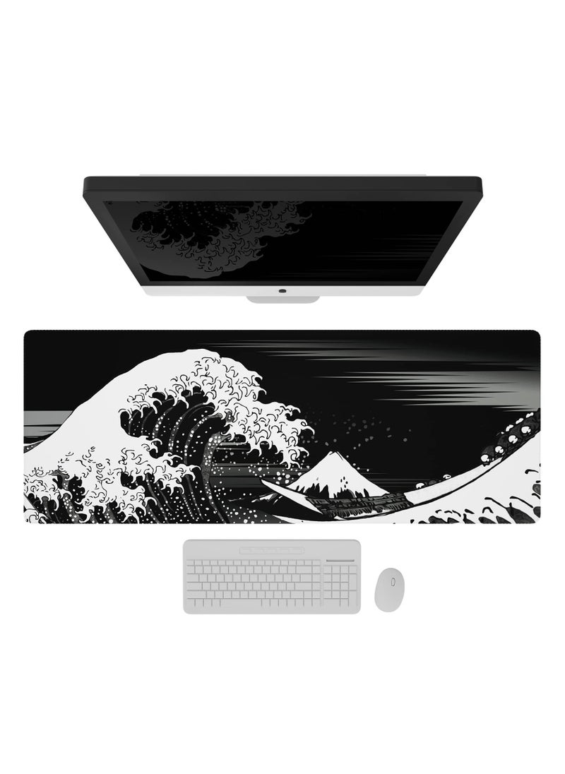 Milatech - Milatech Extended Gaming Computer Mouse Pad, Large Black Mouse Pad for Desk, Cute Anime Japanese Great Wave Desk Pad for Keyboard and Mouse, Black, 31.5 x 11.8 x 0.12 inches - Image 1