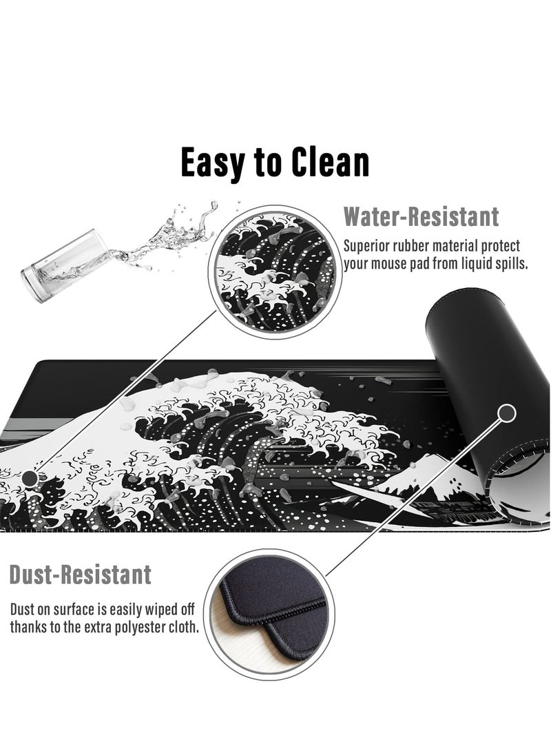 Milatech - Milatech Extended Gaming Computer Mouse Pad, Large Black Mouse Pad for Desk, Cute Anime Japanese Great Wave Desk Pad for Keyboard and Mouse, Black, 31.5 x 11.8 x 0.12 inches - Image 1