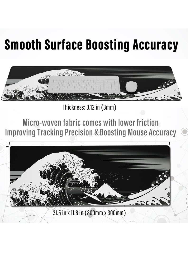 Milatech - Milatech Extended Gaming Computer Mouse Pad, Large Black Mouse Pad for Desk, Cute Anime Japanese Great Wave Desk Pad for Keyboard and Mouse, Black, 31.5 x 11.8 x 0.12 inches - Image 1