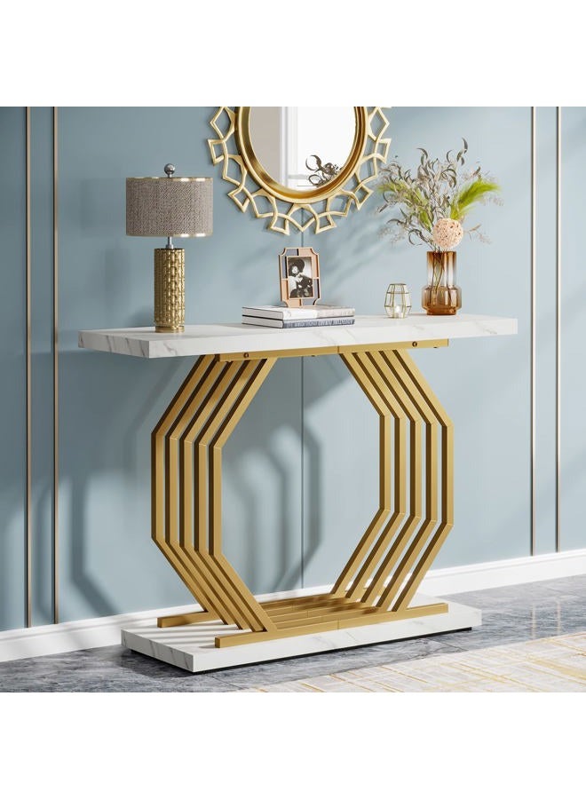 Tribesigns Gold Console Table, Faux Marble Entryway Narrow Sofa Table with Geometric Metal Base, 105CM Modern Accent Entrance Table for Living Room, Hallway, Foyer, White and Gold - Image 1
