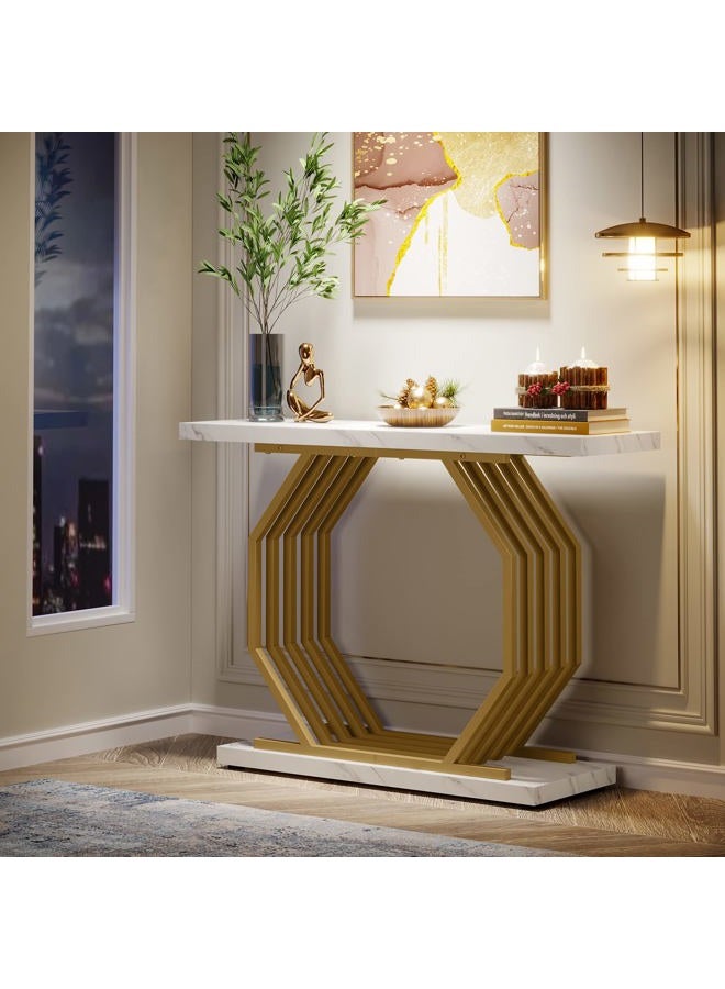 Tribesigns Gold Console Table, Faux Marble Entryway Narrow Sofa Table with Geometric Metal Base, 105CM Modern Accent Entrance Table for Living Room, Hallway, Foyer, White and Gold - Image 2