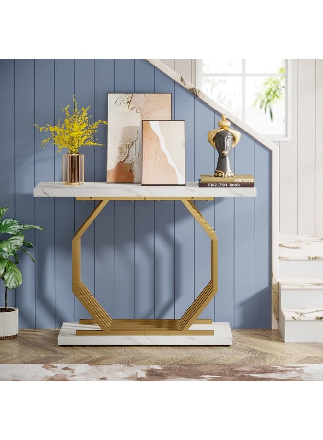 Tribesigns Gold Console Table, Faux Marble Entryway Narrow Sofa Table with Geometric Metal Base, 105CM Modern Accent Entrance Table for Living Room, Hallway, Foyer, White and Gold - Image 4