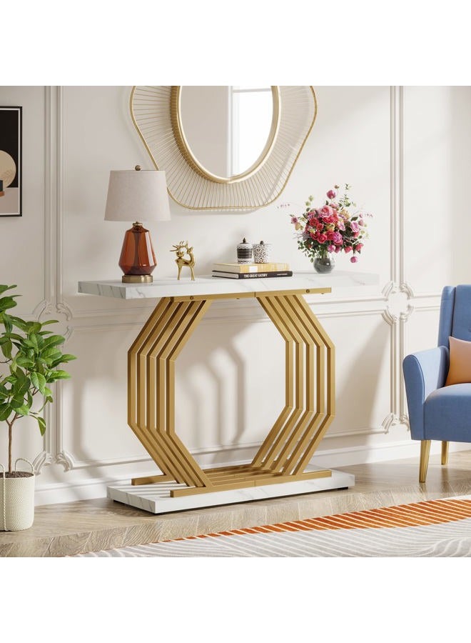 Tribesigns Gold Console Table, Faux Marble Entryway Narrow Sofa Table with Geometric Metal Base, 105CM Modern Accent Entrance Table for Living Room, Hallway, Foyer, White and Gold - Image 3