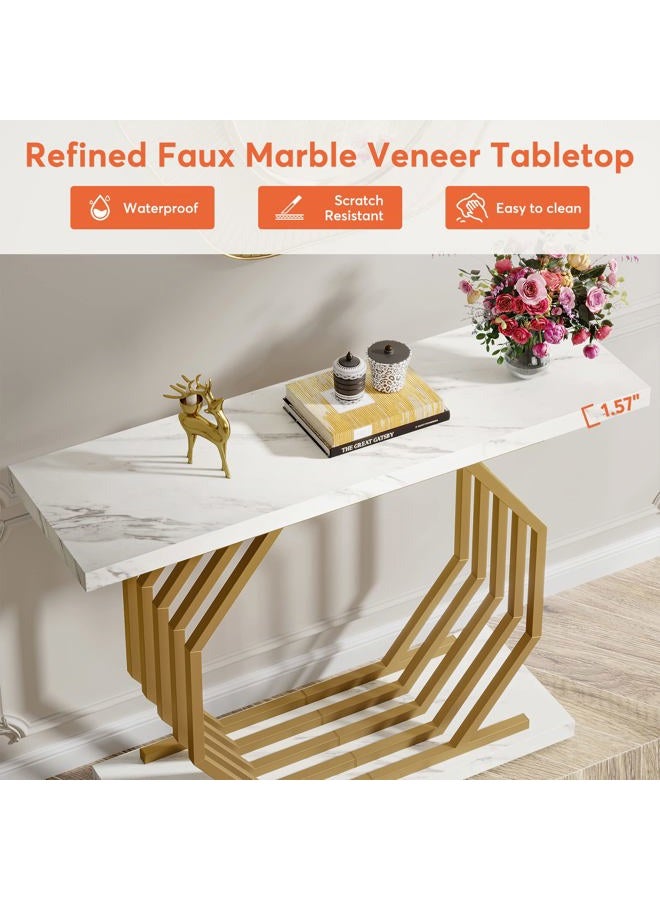 Tribesigns Gold Console Table, Faux Marble Entryway Narrow Sofa Table with Geometric Metal Base, 105CM Modern Accent Entrance Table for Living Room, Hallway, Foyer, White and Gold - Image 5
