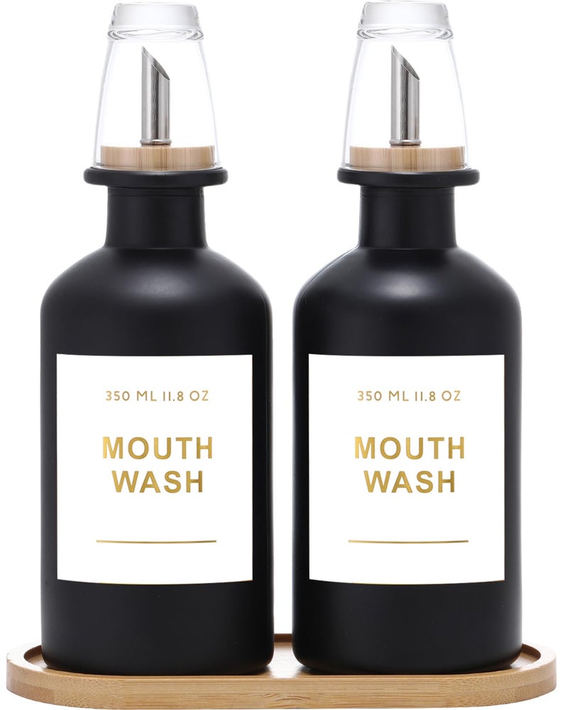 BONLONG 118OZ Glass Mouthwash Dispenser for Bathroom with Stainless Steel Bamboo Nozzle Mouthwash Cup Reusable Bamboo Tray and Elegant Gold StickerSet of 2Black - Image 2