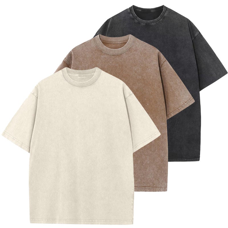 KEEPSHOWING 3 Pcs Oversized Heavy Cotton Summer T-Shirts Vintage Unisex Short Sleeves Casual Loose Basic Tops(Beige+Coffe+Black L) - Image 1