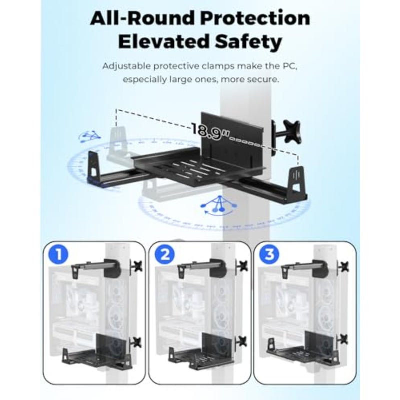 Under Desk PC Mount for Standing Desk: Clamp-On Desk Leg Computer Mount in Black, Aluminum Alloy, with Protective Arms and Adjustable CPU Holder for Up to 44lbs - Image 4