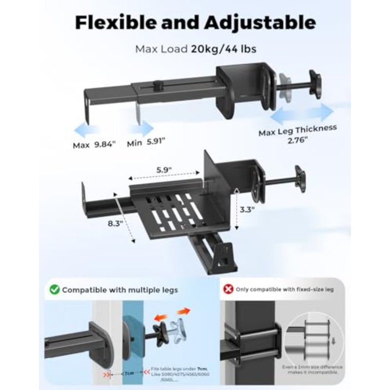 Under Desk PC Mount for Standing Desk: Clamp-On Desk Leg Computer Mount in Black, Aluminum Alloy, with Protective Arms and Adjustable CPU Holder for Up to 44lbs - Image 2