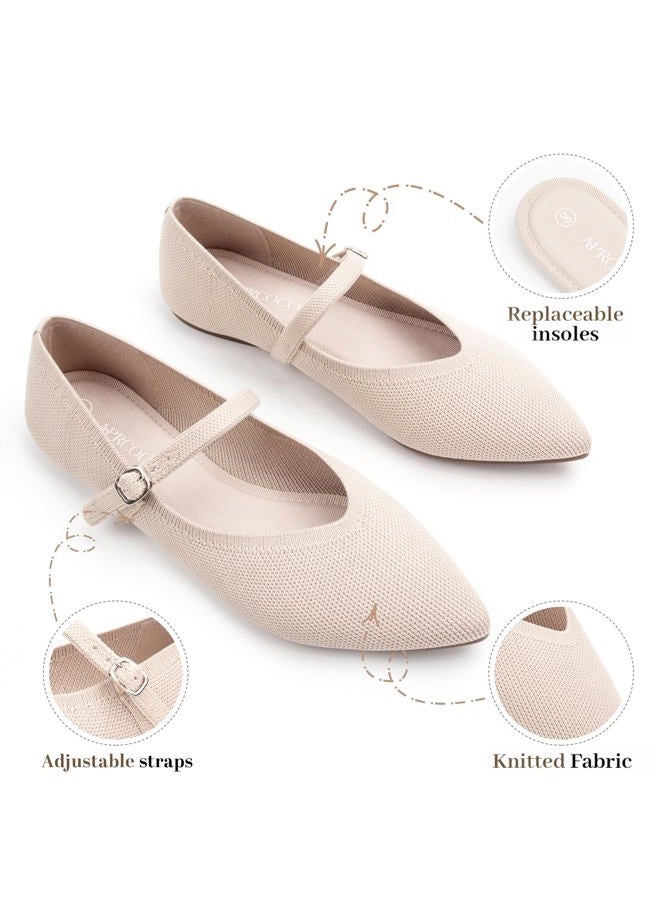 AprCoco Flats for Women Knit Pointed Toe Ballet Flat with Ankle Strap Casual Womens Shoes Comfort Soft Walking Office, Almond, 7.5 - Image 3