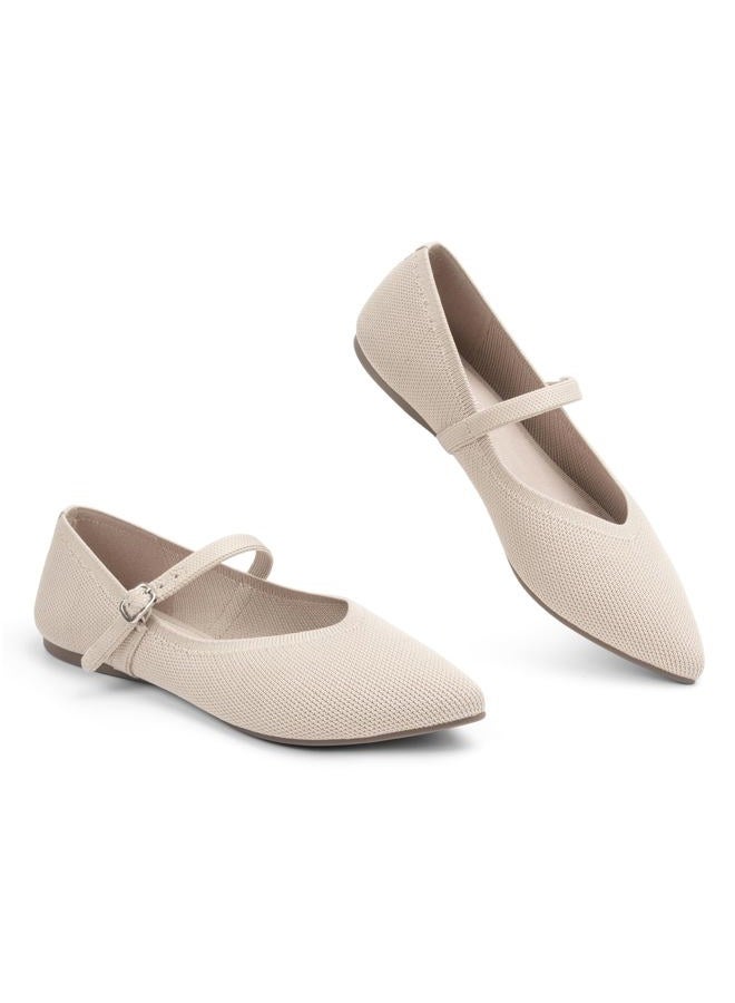 AprCoco Flats for Women Knit Pointed Toe Ballet Flat with Ankle Strap Casual Womens Shoes Comfort Soft Walking Office, Almond, 7.5 - Image 5