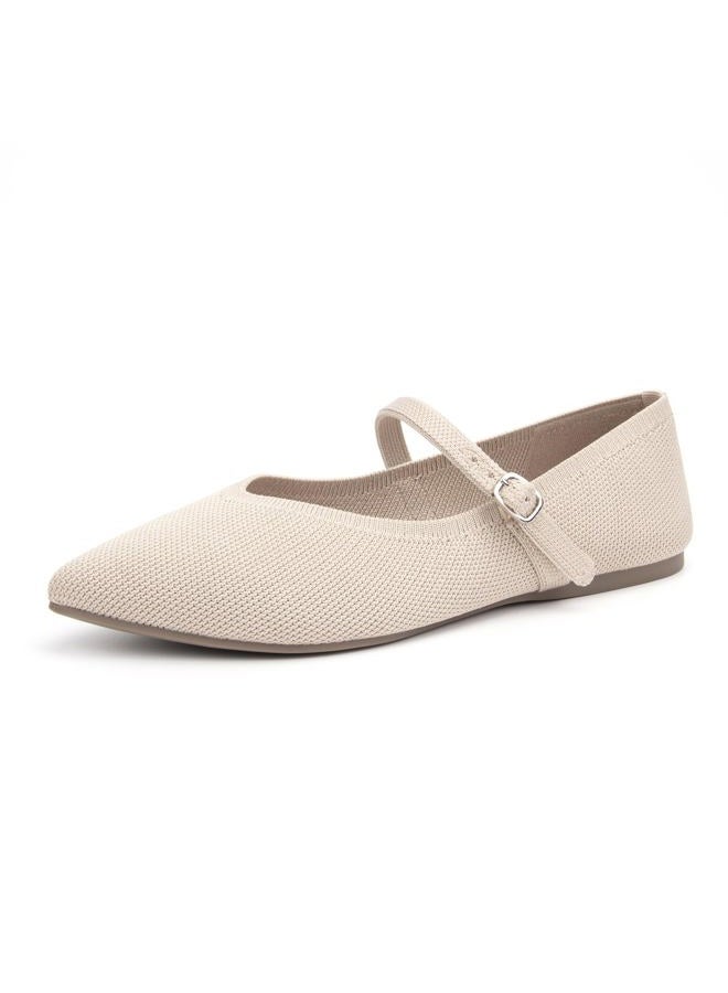 AprCoco Flats for Women Knit Pointed Toe Ballet Flat with Ankle Strap Casual Womens Shoes Comfort Soft Walking Office, Almond, 7.5 - Image 4
