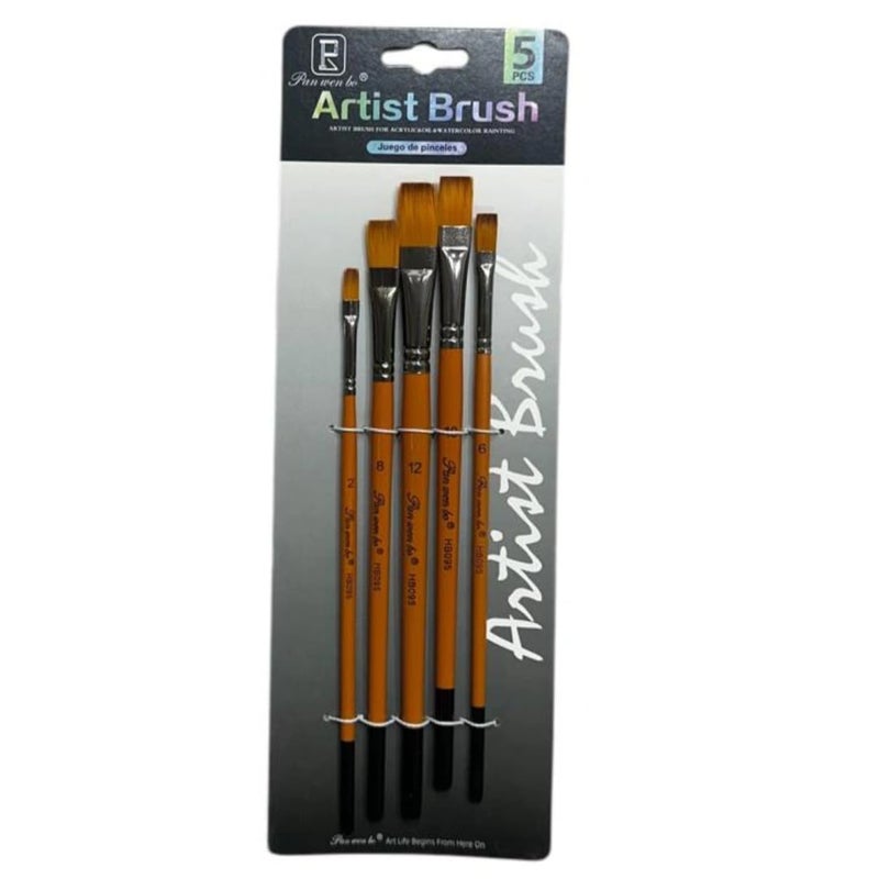 LUOSHI Artist Painting Brushes Flat Set of 5, Orange Handle, Ideal for Acrylics, Watercolor & Oil (Plastic,Nylone)
