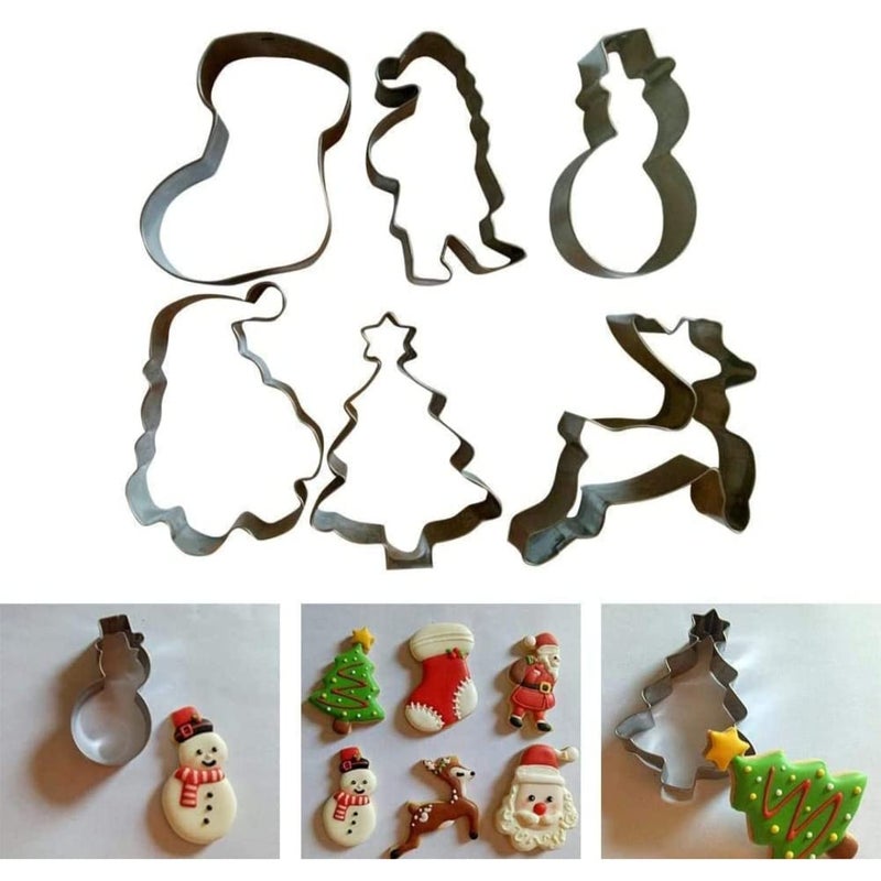 Skytail Steel Christmas Cookie Cutter 6pc Set Santa face Santa Clause Snowman Socks Santa Face Reindeer and Xmas Tree Stainless Steel Cookie Cutting Stamp - Image 1