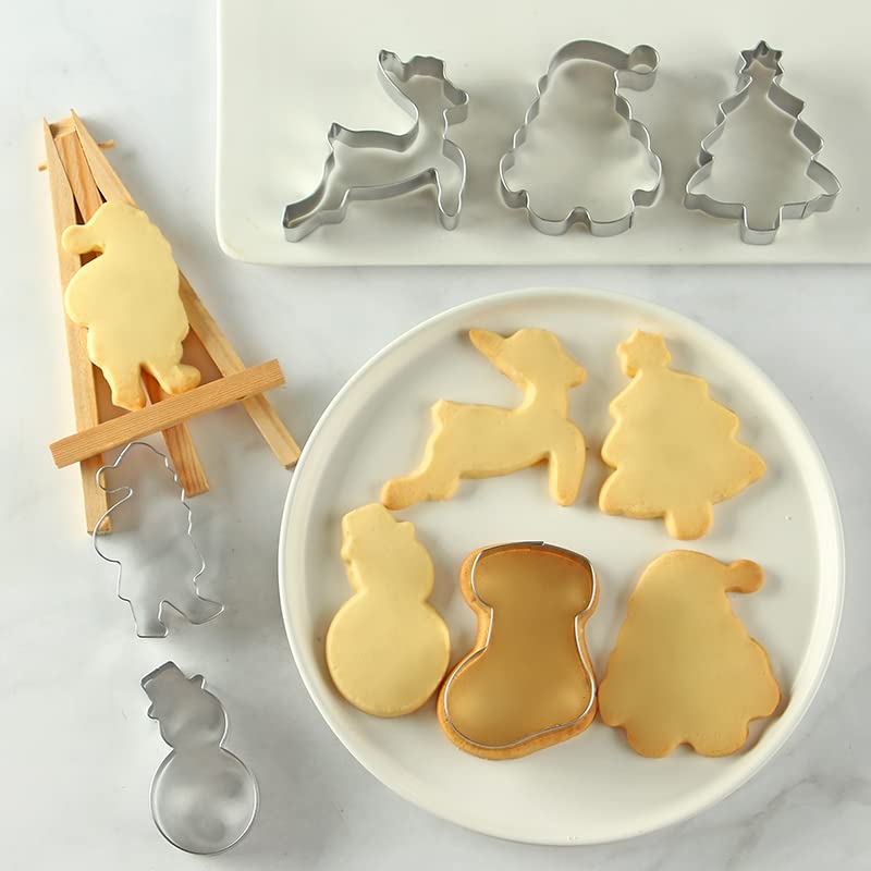 Skytail Steel Christmas Cookie Cutter 6pc Set Santa face Santa Clause Snowman Socks Santa Face Reindeer and Xmas Tree Stainless Steel Cookie Cutting Stamp - Image 3