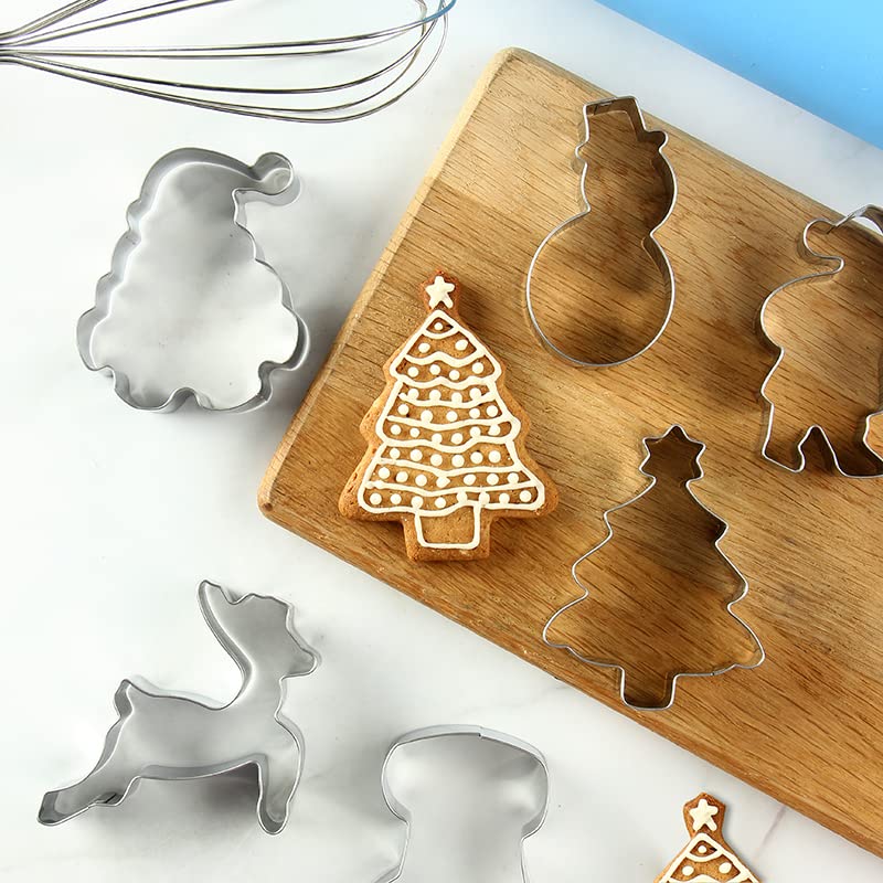 Skytail Steel Christmas Cookie Cutter 6pc Set Santa face Santa Clause Snowman Socks Santa Face Reindeer and Xmas Tree Stainless Steel Cookie Cutting Stamp - Image 4