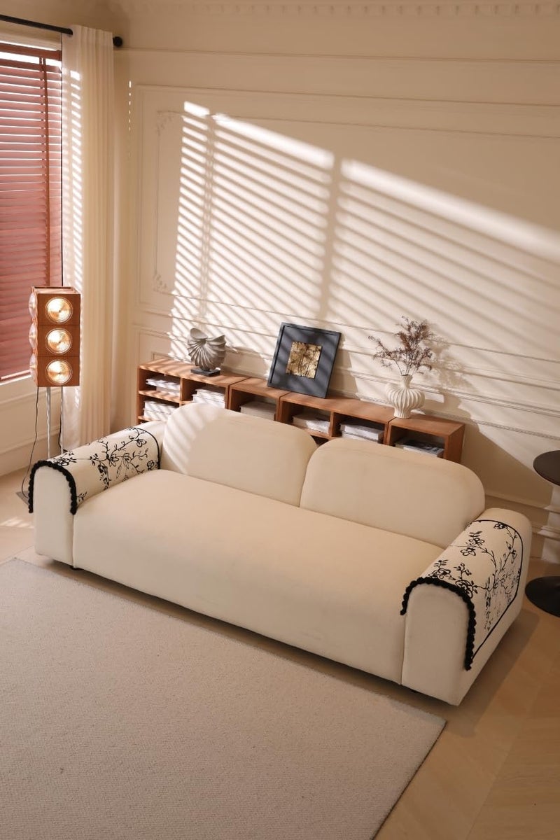 House of Quirk Modern Style Sofa Cover with Fur Ball Chenille Couch Covers for L Shape and 1/2/3/4 Seater Sofa Non Slip Washable Sofa Slipcover Furniture Protector (70x70cm, White Floral) - Image 4