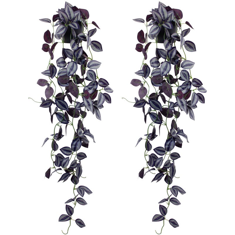 LOYWREE 2Pack Small Fake Hanging Purple Plant Artificial Potted Plants Indoor 39-in Long Faux Dark Black Vine Plant for Shelf Home Office and Outdoor Garden Decor (Black Pot) - Image 1