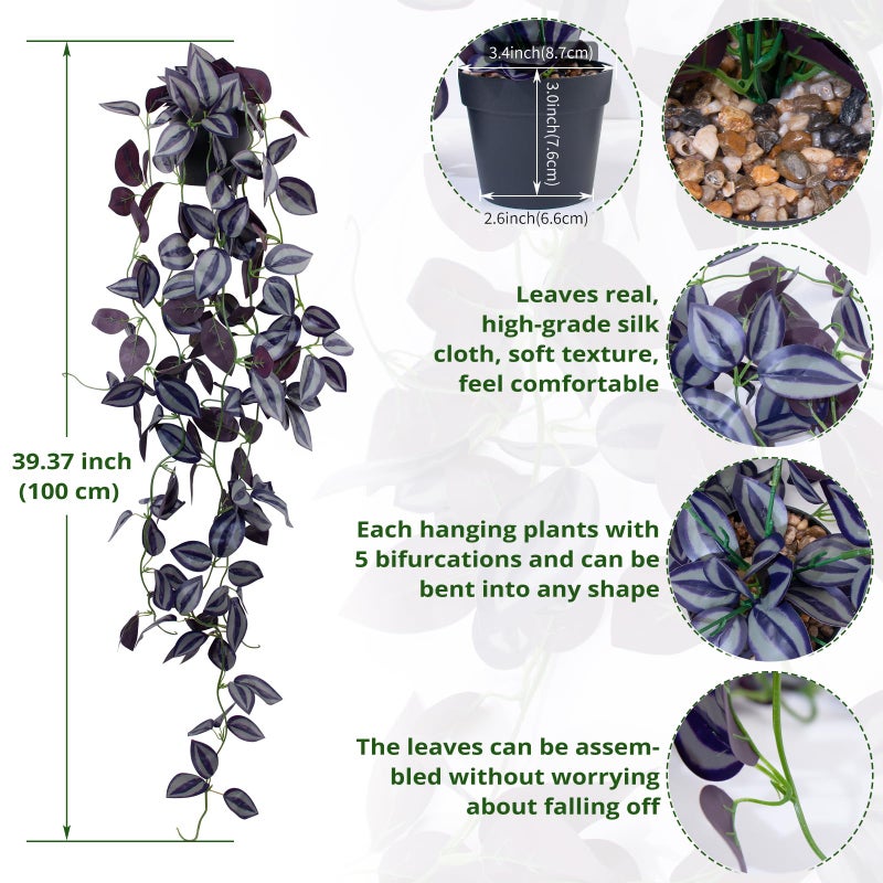 LOYWREE 2Pack Small Fake Hanging Purple Plant Artificial Potted Plants Indoor 39-in Long Faux Dark Black Vine Plant for Shelf Home Office and Outdoor Garden Decor (Black Pot) - Image 2