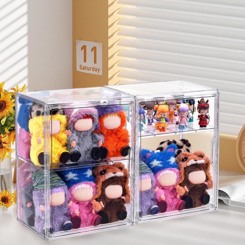 ToBeAce 2 Pack Acrylic Display Case Compatible with Labubu POP MART, Clear Hobby Figure Display Case with Magnetic Door Stackable Storage Box Shelf Showcase for Funko Pop MART Labubu Doll Collectibles, Large - Image 5