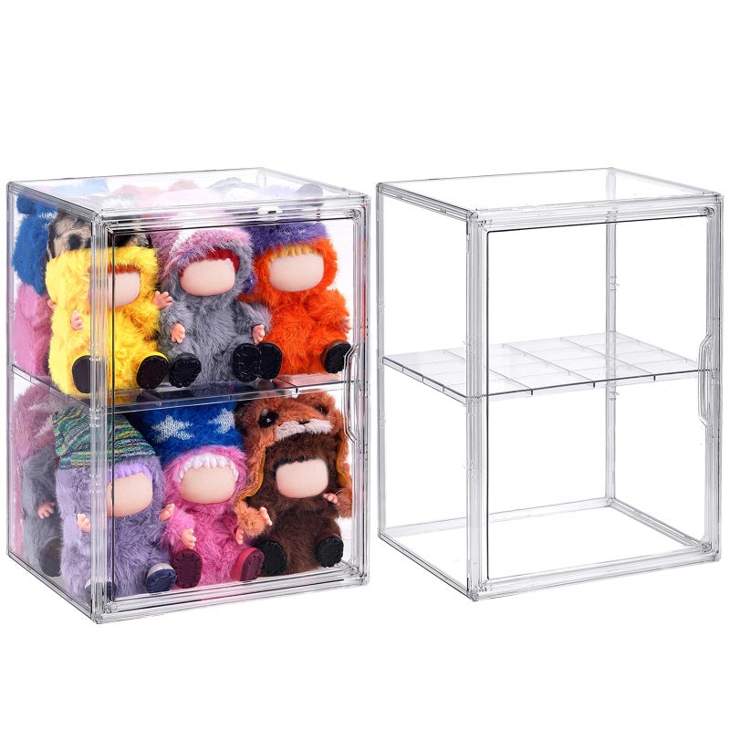 ToBeAce 2 Pack Acrylic Display Case Compatible with Labubu POP MART, Clear Hobby Figure Display Case with Magnetic Door Stackable Storage Box Shelf Showcase for Funko Pop MART Labubu Doll Collectibles, Large - Image 1
