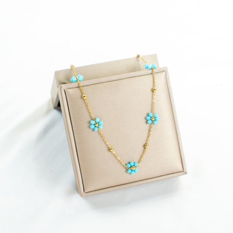 Golden Blue Stainless Steel Flower Pendant Necklace