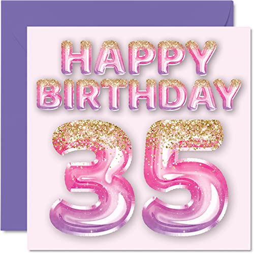 Stuff4 35th Birthday Card for Women - Pink & Purple Glitter Balloons - Happy Birthday Cards for 35 Year Old Woman Friend Sister Mom Auntie, 5.7 x 5.7 Inch Thirty-Five Thirty-Fifth Bday Greeting Cards Gift - Image 1