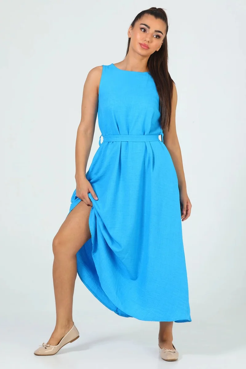 جولسلي Women's Crew Neck Pocket Detail Waist Belted Long Dress